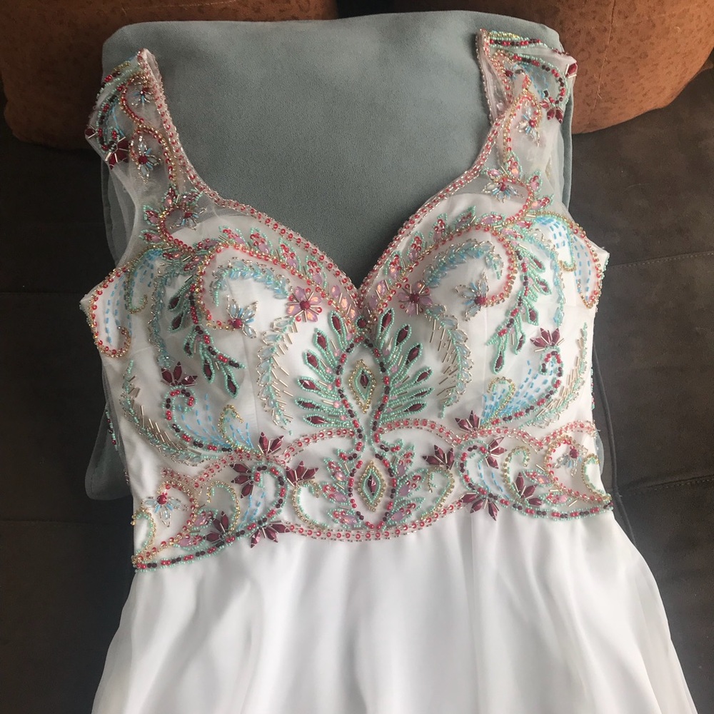 White and colorful beaded prom dress